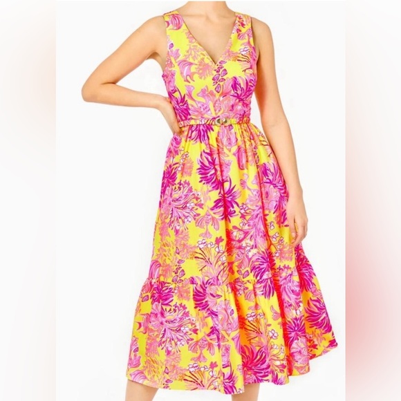 Lilly Pulitzer Dresses & Skirts - NWOT Lilly Pulitzer Bri V-Neck Cotton Midi Dress Calla Yellow Floral Coral 4